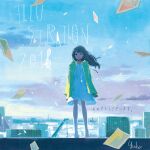  1girl 2018 artist_name bangs bare_legs black_hair blue_sky building cloud drawstring dress hood hood_down hooded_jacket illustration.media jacket long_hair long_sleeves looking_at_viewer original paper signature sky solo standing white_dress wide_shot yellow_jacket yuuko_(nora0x0) 