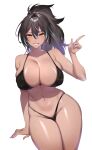  1girl absurdres ahoge black_bra black_hair black_panties bra breasts commentary dark-skinned_female dark_skin earrings english_commentary fingernails hair_between_eyes hand_up highleg highleg_panties highres indie_virtual_youtuber jewelry lace-trimmed_bra lace-trimmed_panties lace_trim large_breasts long_hair looking_at_viewer lower_teeth_only multicolored_hair neon_harper panties pink_hair pointing pointing_to_the_side ponytail second-party_source simple_background single_earring skindentation smile solo streaked_hair teeth thick_thighs thighs underwear virtual_youtuber yellow_eyes yutazou 