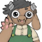 1:1 2021 4_fingers ambiguous_gender anthro big_eyes bovid bovine broken_horn brown_body brown_fur cattle claws clothed clothing collared_shirt digital_media_(artwork) fangs fingers fur green_clothing green_overalls grey_hair grey_horn hair horn low_res mammal manitka manitka_storm overalls pawpads shirt short_hair simple_background solo tan_clothing tan_shirt tan_topwear teeth tongue tongue_out topwear white_background