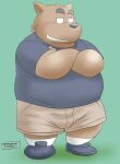  2022 anthro black_nose bottomwear brown_body canid canine canis clothing domestic_dog green_body kemono male mammal overweight overweight_male shirt shorts solo topwear toshi_(artist) 