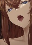  1girl bangs blue_eyes brown_hair close-up hair_between_eyes highres long_hair looking_at_viewer makise_kurisu nev_(nevblindarts) open_mouth portrait solo steins;gate tongue 