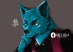  anthro blue_body blue_fur blue_skin blue_wolf clothing costume eye_black fur hi_res jeancito93jean male solo topwear vest 