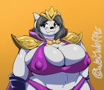  anthro armor big_breasts blue_eyes bovid bra breasts cape caprine clothing crown female fur goat gold_(metal) gold_armor huge_breasts mammal orange_eyes purple_cape solo temmgore_(temmieverse) underwear wetwaffls white_body white_fur 