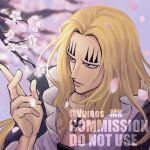  1boy basil_hawkins blonde_hair blurry blurry_background branch brown_eyes closed_mouth commission cross_tattoo facial_mark fingernails highres male_focus one_piece outdoors petals solo spring_(season) tattoo vamos_mk 
