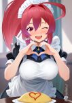  1girl ahoge alternate_costume apron black_dress breasts dorachan_r dress enmaided food heart heart_hands highres i-168_(kancolle) indoors kantai_collection large_breasts long_hair looking_at_viewer maid maid_apron maid_headdress omelet omurice one_eye_closed open_mouth ponytail puffy_short_sleeves puffy_sleeves red_eyes red_hair ribbon round_teeth short_sleeves smile solo teeth upper_teeth_only very_long_hair white_apron 
