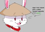  anthro asian_mythology bandanna clothing dialogue east_asian_mythology fur hare hat headgear headwear japanese_mythology kerchief lagomorph leporid looking_at_viewer male mammal mythology rabbit red_eyes rhonbon smile speech_bubble straw_hat whiskers white_body white_fur yokai 