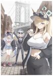  3girls absurdres ahoge animal_ear_fluff animal_ears black_hat black_jacket black_pants black_shoes black_suit blonde_hair blue_archive blue_eyes blue_hair blue_halo blue_necktie blush breasts choker cleavage closed_eyes collarbone cup denim denim_shorts dog_ears eyewear_on_head fubuki_(blue_archive) grey_hair hair_over_one_eye halo hat highres holding holding_cup jacket kanna_(blue_archive) kirino_(blue_archive) large_breasts long_hair looking_at_viewer manhattan_bridge micasa_tto multiple_girls navel necktie new_york_city notched_ear open_clothes open_jacket oversized_jacket pants pink_halo pink_shoes ponytail purple_halo real_world_location shirt shoes shorts single_bare_shoulder sleeves_past_fingers sleeves_past_wrists small_breasts sports_bra suit sunglasses thighs twintails v white_shirt white_sports_bra 