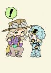  ! 2boys adjusting_pants aged_down beanie beard belt belt_buckle blue_eyes blue_hat blue_hoodie blue_pants bridal_gauntlets brown_hair brown_hat brown_pants buckle cape chibi commentary_request cowboy_hat facial_hair goggles goggles_on_headwear green_eyes grey_belt gyro_zeppeli hat highres holding_pants hood hoodie horseshoe horseshoe_hat_ornament johnny_joestar jojo_no_kimyou_na_bouken kneeling long_hair m_a_a_m_8 male_focus multiple_boys oversized_clothes pants purple_bridal_gauntlets spoken_exclamation_mark spurs star_(symbol) star_print steel_ball_run tears unworn_pants yellow_cape 