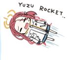  1girl blue_archive chibi closed_eyes english_text facing_viewer forehead full_body halo jacket long_hair long_sleeves lowres motion_lines open_mouth power_symbol red_hair rumiya9i solo speed_lines sweatdrop very_long_hair wavy_mouth white_jacket yuzu_(blue_archive) 