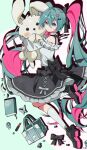  1girl absurdres bare_shoulders black_shoes black_skirt blue_eyes blue_hair choker closed_mouth colored_inner_hair frilled_shirt frills hair_between_eyes hatsune_miku highres hugging_doll hugging_object kneehighs long_hair looking_at_viewer multicolored_hair off-shoulder_shirt off_shoulder shirt shoes sidelocks skirt smile socks solo tiandingfengren twintails two-tone_hair vocaloid white_choker white_shirt white_socks 