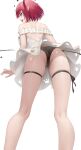  1girl :d absurdres ass back bare_shoulders black_panties blue_eyes breasts commentary dress english_commentary frilled_dress frills from_behind from_below halo heart heart_halo highres hololive hololive_english horns irys_(casualrys)_(hololive) irys_(hololive) median_furrow medium_hair off-shoulder_dress off_shoulder official_alternate_hair_length official_alternate_hairstyle open_mouth panties pointy_ears red_hair short_hair simple_background skindentation smile solo somebody_(leiking00) teeth thigh_strap thighs underwear upper_teeth_only upskirt virtual_youtuber white_background white_dress 