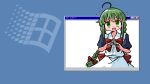  1girl ahoge apron blush bow bowtie braid commentary_request flying_sweatdrops green_eyes green_hair hair_bow highres index_fingers_together kasuya_baian long_hair looking_at_viewer me-tan microsoft_windows open_mouth os-tan puffy_short_sleeves puffy_sleeves red_bow red_bowtie short_sleeves solo sweatdrop twin_braids twintails very_long_hair white_apron window_(computing) windows_classic 