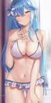 1girl ahoge ass_visible_through_thighs bangs bare_arms bare_shoulders bikini bikini_skirt blue_hair blurry blurry_background blush braid breasts cleavage closed_mouth commentary_request cowboy_shot crossed_bangs flower frilled_bikini frills hair_flower hair_ornament halterneck hand_on_own_thigh hand_up heart heart_ahoge highres hololive jewelry large_breasts long_hair looking_at_viewer microskirt multicolored_hair navel nibosi o-ring o-ring_bikini pendant pointy_ears sidelocks skirt solo standing stomach streaked_hair swimsuit thighs very_long_hair virtual_youtuber wet wet_hair white_bikini yukihana_lamy 