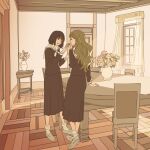  2girls 55bata6rou black_hair black_serafuku black_shirt black_skirt bouquet brown_hair candy chair closed_eyes clubroom curtains feeding flower food full_body highres holding holding_candy holding_food indoors lillian_girls&#039;_academy_school_uniform long_hair long_sleeves looking_at_another maria-sama_ga_miteru multiple_girls neckerchief nijou_noriko open_window pleated_skirt sailor_collar school_uniform serafuku shirt shoes short_hair skirt slice_of_life socks standing sunlight table toudou_shimako vase white_neckerchief white_sailor_collar window 