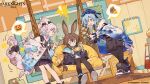  ! !! 1boy 2girls :o amiya_(arknights) animal_ears ankle_strap arknights ascot baseball_bat beret black_jacket black_pantyhose black_shirt black_shorts black_skirt black_socks blue_ascot blue_cloak blue_collar blue_eyes blue_hair blue_hat blue_neckerchief brown_hair cabinet calendar_(object) cloak coin collar copyright_name dot_nose dutch_angle frilled_ascot frills gold_coin hand_in_pocket handheld_game_console hat highres infection_monitor_(arknights) jacket jewelry kirara_(arknights) leaning_forward long_hair long_sleeves looking_at_another medium_hair mizuki_(arknights) money_bag multiple_girls multiple_rings neckerchief official_art otoko_no_ko pantyhose pantyhose_under_shorts partially_unzipped pink_hair pink_jacket playing_games pleated_skirt pointing purple_eyes rabbit_ears rabbit_girl ring second-party_source shirt short_hair_with_long_locks shorts sitting siyer skirt socks spoken_object standing swing_furniture tentacles tentacles_under_clothes topknot treasure_chest window zipper 