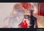  1boy 1girl absurdres baldur&#039;s_gate baldur&#039;s_gate_3 blonde_hair blood blood_on_hands brother_and_sister cape dragon_boy dragonborn_(d&amp;d) dungeons_&amp;_dragons foreshortening furry furry_male hair_down highres knees_up letterboxed long_hair looking_at_viewer nude orin_the_red outstretched_arm pale_skin red_cape red_eyes siblings sitting skyorange the_dark_urge_(baldur&#039;s_gate) upper_body watermark wavy_hair weibo_watermark 
