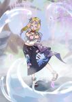  1girl black_skirt blonde_hair blue_eyes bright_pupils d5smtsxu4wzemz5 facing_viewer flip-flops flower flower_necklace full_body hair_flower hair_ornament half-closed_eyes heal_ball highres holding holding_poke_ball jewelry lei long_hair long_skirt looking_at_viewer mina_(pokemon) mina_(sygna_suit)_(pokemon) necklace official_alternate_costume open_mouth outdoors paint_in_hair paint_splatter paint_splatter_on_face poke_ball pokemon pokemon_masters_ex ponytail print_skirt sandals skirt smile solo tree water 