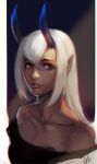  1girl collarbone dark-skinned_female dark_skin distr dungeons_and_dragons hair_between_eyes highres horns long_hair looking_at_viewer pointy_ears portrait red_eyes signature smile solo tiefling upper_body white_hair 