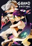 2girls arms_up boots bow-shaped_hair callie_(grand_festival)_(splatoon) callie_(splatoon) colored_eyelashes commentary_request cousins crown english_text eyelashes gradient_hair green_hair highres hug inkling kainesato long_hair looking_at_viewer marie_(grand_festival)_(splatoon) marie_(splatoon) mole mole_under_eye multicolored_hair multiple_girls official_alternate_costume open_mouth purple_hair short_hair smile splatoon_(series) splatoon_3 standing tentacle_hair thick_eyebrows two-tone_hair yellow_eyes 