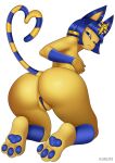  absurd_res animal_crossing ankha_(animal_crossing) anthro big_butt blue_body blue_eyes blue_fur blue_hair blue_pawpads blue_pussy breasts butt clothing covering covering_breasts domestic_cat egyptian egyptian_clothing egyptian_headdress felid feline felis female fur genitals hair hi_res kneeling kurupi_(artist) looking_at_viewer looking_back looking_back_at_viewer mammal markings narrowed_eyes nintendo nude pawpads pussy short_hair simple_background solo striped_markings striped_tail stripes tail tail_markings thick_thighs white_background wide_hips yellow_body yellow_fur 