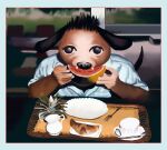 anthro biped black_ears black_hair blue_clothing blue_shirt blue_topwear boarboy border bread brown_body canid canine canis chair clothing container croissant cup cutlery domestic_dog eating food fruit furniture hair hi_res jug kitchen_utensils leaf looking_at_viewer male mammal melon pastry pineapple plant plate saucer sharp_teeth shirt sitting solo spoon table tail tea_cup teeth tools topwear tray watermelon white_border