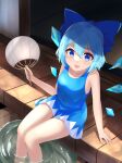  1girl absurdres bangs bare_legs blue_dress blue_eyes blue_hair blue_ribbon bow breasts cirno dress fairy_wings hair_bow highres ice ice_wings kurokimono001 legs_together looking_at_viewer open_mouth ribbon short_dress short_hair small_breasts solo thighs touhou wings 