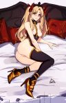  1girl black_socks black_thighhighs blonde_hair blush bow breasts closed_mouth distr earrings ereshkigal_(fate) fate/grand_order fate_(series) hair_bow heart high_heels highres jewelry long_hair looking_at_viewer lying medium_breasts nipples on_bed on_side pillow pussy reclining red_bow red_eyes signature single_sock single_thighhigh socks solo thighhighs two_side_up uncensored 