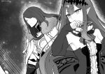  1boy 1girl armor baobhan_sith_(fate) baobhan_sith_(first_ascension)_(fate) bow breasts cape detached_sleeves dress failnaught_(fate) fate/grand_order fate_(series) frilled_dress frills fur-trimmed_cape fur_trim greyscale highres long_hair monochrome pointy_ears sidelocks torinonest tristan_(fate) 