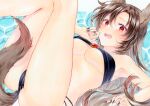  1girl alto2019 animal_ears armpits bandeau blush breasts brown_hair cameltoe caustics cleavage colored_pencil_(medium) feet_out_of_frame fingernails imaizumi_kagerou jewelry kneepits large_breasts legs_up looking_at_viewer marker_(medium) medium_hair monster_girl navel open_mouth red_eyes sample_watermark sharp_fingernails solo strapless swimsuit tail touhou traditional_media underboob wolf_ears wolf_tail 