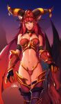  1girl alexstrasza bare_shoulders black_gloves breasts closed_mouth distr dragon earrings gloves highres horn_ornament horn_ring horns jewelry long_eyebrows long_hair looking_at_viewer medium_breasts navel pointy_ears red_hair solo standing thigh_strap vambraces warcraft wings world_of_warcraft yellow_eyes 