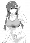  1girl alternate_costume bangs bare_shoulders braid breasts collarbone cowboy_shot crop_top furufuru_fugu highres kantai_collection large_breasts long_hair midriff monochrome navel noshiro_(kancolle) shorts solo swept_bangs tank_top twin_braids white_background 