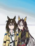  2girls ahoge animal_ears belt black_belt black_coat blue_eyes brown_eyes brown_hair coat collared_shirt dream_journey_(umamusume) ear_covers eyewear_strap glasses goggles goggles_around_neck hair_between_eyes horse_ears horse_girl jichou_senshi lace_sleeves long_hair long_sleeves looking_at_viewer multicolored_hair multiple_girls red_shirt shirt smile stay_gold_(umamusume) streaked_hair umamusume upper_body white_hair white_shirt yellow_coat 