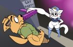 2025 anthro army_dog_(junoandmaxx) black_claws black_eyes black_nose blue_clothing blue_hat blue_headwear blue_legwear blue_thigh_highs blush bottomwear boy_kisser_(meme) brown_body brown_bottomwear brown_clothing brown_ears brown_fur brown_pants brown_tail bulletproof_vest canid canine canis claws clothing digital_media_(artwork) domestic_cat domestic_dog duo english_text eyebrows featureless_crotch felid feline felis fur german_shepherd green_clothing green_shirt green_t-shirt green_topwear gun gun_holster hair half-closed_eyes hand_on_hip hand_on_own_hip hat headgear headwear herding_dog hi_res high-angle_view holding_gun holding_object holding_ranged_weapon holding_weapon inukoexo legwear lgbt_pride looking_at_another male mammal meme multicolored_clothing multicolored_legwear multicolored_thigh_highs narrowed_eyes officer_boykisser_(junoandmaxx) pants party pastoral_dog pink_gun pointing_gun police police_hat police_uniform pride_colors rainbow_flag rainbow_pride_flag rainbow_symbol raised_eyebrow ranged_weapon scared shirt silly_cat_(mauzymice) smile standing t-shirt tail text thick_thighs thigh_highs three-quarter_view topwear two_tone_clothing two_tone_legwear two_tone_thigh_highs uniform weapon white_body white_clothing white_ears white_fur white_hair white_legwear white_tail white_thigh_highs