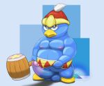  abstract_background absurd_res anthro avian balls belly big_balls big_penis bird blue_body blue_eyes bottomwear chubby_anthro chubby_male clothed clothing clothing_lift crystal erection genitals glistening glistening_body hammer hat headgear headwear hi_res king_dedede kirby_(series) kirby_64:_the_crystal_shards looking_at_viewer male nintendo nipples penguin penis sadosaurus solo tools video_games waistband weapon 