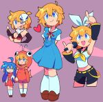  absurdres bacun blonde_hair blue_eyes blue_hair cosplay crossover fish_costume heart highres izumi_konata kagamine_rin lucky_star neon_genesis_evangelion patricia_martin pink_background ryouou_school_uniform school_uniform tengen_toppa_gurren_lagann tokyo-3_middle_school_uniform vocaloid yoko_littner 