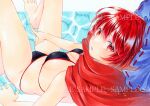  1girl alto2019 barefoot bikini blush bow breasts cameltoe cape caustics cleavage cloak colored_pencil_(medium) hair_bow looking_at_viewer looking_back marker_(medium) medium_breasts medium_hair navel open_mouth red_cape red_cloak red_eyes red_hair sample_watermark sekibanki solo swimsuit toes touhou traditional_media 
