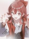  1girl bow claw_pose cobwvmeti crossed_bangs fang fingernails hair_between_eyes hair_bow hands_up highres idolmaster idolmaster_shiny_colors jacket komiya_kaho long_hair long_sleeves looking_at_viewer nail_polish no_lineart open_clothes open_jacket open_mouth ponytail red_bow red_eyes red_hair red_nails shirt simple_background smile solo upper_body 