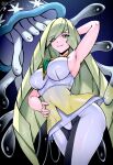  1girl absurdres arm_behind_head armpits blonde_hair breasts dress green_eyes hand_on_own_hip highres jrpulse large_breasts leggings long_hair looking_at_viewer lusamine_(pokemon) mature_female nihilego pokemon pokemon_(creature) pokemon_sm short_dress sleeveless sleeveless_dress smile thighs ultra_beast very_long_hair white_dress wide_hips 