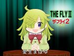  1girl aki_mabayu arms_on_table blunt_bangs blunt_ends bow bowtie buttons collared_shirt commentary_request dot_nose excellentfuyu green_background green_hair green_jacket hair_ornament hairclip high_collar interlocked_fingers jacket jewelry long_hair magia_record:_mahou_shoujo_madoka_magica_gaiden mahou_shoujo_madoka_magica mahou_shoujo_madoka_magica_magia_exedra meme meme_request messy_hair mitakihara_school_uniform open_mouth own_hands_together parody purple_eyes red_bow red_bowtie ring school_uniform shirt smile solo straight-on sweater_jacket tareme the_fly translation_request triangle_mouth upper_body yellow_shirt 