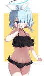  1girl arona_(blue_archive) bikini black_bikini blue_archive blue_eyes blue_hair bow braid frilled_bikini frills hair_bow hair_over_one_eye halo hand_to_own_mouth highres navel open_mouth ribbon ryannari short_hair simple_background solo swimsuit thighs yellow_background 