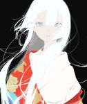  1girl arms_at_sides biwa_(heike_monogatari) black_background blue_eyes commentary english_commentary expressionless floating_hair floral_print floral_print_kimono heike_monogatari highres hime_cut japanese_clothes kimono layered_kimono long_hair looking_at_viewer needbee_r off_shoulder parted_lips print_kimono red_kimono short_eyebrows simple_background solo upper_body white_hair 