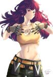  1girl ammunition_pouch bare_shoulders breasts camouflage camouflage_pants dark_persona dog_tags gloves hair_down highres ikari_hime leona_heidern midriff navel orochi_leona pants pouch red_hair sleeveless tank_top tattoo the_king_of_fighters the_king_of_fighters_xv yellow_tank_top 