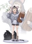  1girl absurdres animal_ear_hood animal_hood animal_slippers bandaid_on_thigh black_shorts brown_socks character_request commentary copyright_request cross-laced_clothes cross-laced_sleeves double_bun drawstring dualsense full_body green_eyes grey_slippers grey_sweater hair_bun hair_ornament hairclip hand_up highres holding holding_pillow holding_plant hood hood_up hooded_sweater koala long_sleeves looking_at_viewer loose_socks nintendo_switch one_eye_closed open_mouth pillow pink_scrunchie plant plant_request playstation_controller pom_pom_(clothes) pom_pom_drawstring puffy_long_sleeves puffy_sleeves scrunchie short_eyebrows short_hair short_shorts shorts siro_o77 sleepy slippers socks solo squeans standing straight-on stretching sweater swept_bangs tearing_up thick_eyebrows tied_drawstring trash_bag white_background wrist_scrunchie yawning zoom_layer 