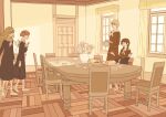  55bata6rou black_serafuku black_shirt black_skirt bouquet braid brown_hair cake chair clubroom cup curtains door flower food fukuzawa_yumi full_body hasekura_rei highres holding holding_teapot indoors lillian_girls&#039;_academy_school_uniform long_hair long_sleeves maria-sama_ga_miteru neckerchief open_mouth plate pleated_skirt school_uniform serafuku shimazu_yoshino shirt short_hair sitting skirt slice_of_life smile standing swiss_roll table teacup teapot toudou_shimako twin_braids twintails vase white_neckerchief window 