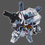  beam_rifle blue_eyes chibi clenched_hand commentary energy_gun english_commentary fusion g-saviour_gundam grey_background gun gundam gundam_g-saviour highres holding holding_gun holding_weapon mecha mecha_focus mobile_suit ms-rai no_humans robot science_fiction sd_gundam signature solo toilobo v-fin weapon 