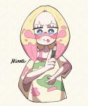  1girl 2525dao absurdres blonde_hair blue_eyes blush bright_pupils character_name collarbone colored_pencil cropped_torso facing_viewer half-closed_eyes highres holding holding_pencil looking_at_viewer looking_down mina_(pokemon) oversized_clothes paint_in_hair paint_splatter paint_splatter_on_face pencil pokemon pokemon_sm shirt smile solo t-shirt tank_top tongue tongue_out yellow_background 