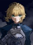  1girl ahoge arm_at_side armor artoria_pendragon_(fate) blonde_hair breastplate cowboy_shot expressionless fate/stay_night fate_(series) gauntlets green_eyes grey_background hand_on_own_chest highres juliet_sleeves long_sleeves looking_at_viewer puffy_sleeves saber shade short_hair sigaret_04 solo upper_body 