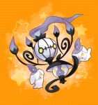  blackspade chandelure commentary_request evolutionary_line fire flame lampent litwick no_humans open_mouth orange_background pokemon pokemon_(creature) purple_fire smile star_(symbol) yellow_eyes 