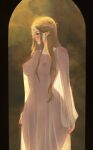  1girl absurdres bangs blonde_hair blush brown_background collarbone cowboy_shot elf galadriel gradient gradient_background highres long_hair nipples nyiccco pointy_ears profile see-through sleeves_past_wrists solo standing the_lord_of_the_rings tolkien&#039;s_legendarium 