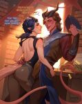  1boy 1girl absurdres armor ass back_cutout baldur&#039;s_gate baldur&#039;s_gate_3 black_hair black_shirt book brown_hair character_request clothing_cutout colored_skin commission couple demon_boy demon_girl demon_horns demon_tail dungeons_&amp;_dragons english_text hand_on_another&#039;s_back hetero highres holding holding_book horns leg_between_thighs medium_hair poofroom_fanart red_skin shirt shoulder_armor tail tail_wagging tav_(baldur&#039;s_gate) tiefling 